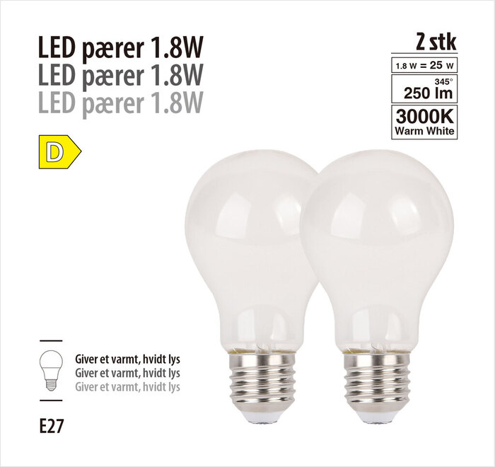 LED-filamentpærer 1,8 W E27 - 2-pk.